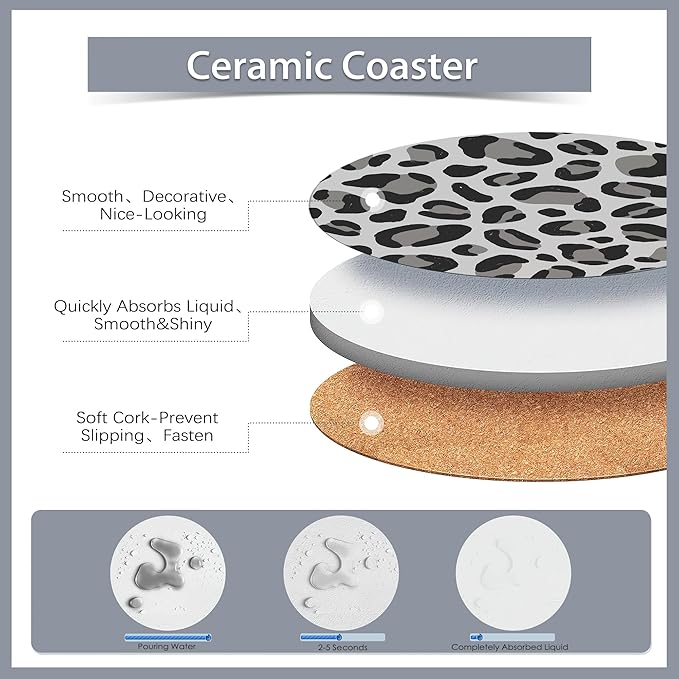 Drink Coasters Set of 6 with Holder,Leopard Print Brown Grey Gold Pink Absorbent Ceramic Coasters with Cork Base,Fit All Cups,Tabletop Protection Mat for Mugs and Cups,Office,Kitchen