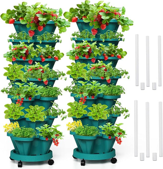 Strawberry Vertical Planters Tower Garden 2 Pack, 7 Tiered Stacking Herb Vegetable Planter with Support Pole Indoor and Outdoor - Hunter Green