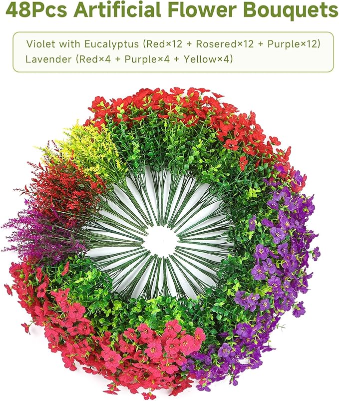 SHareconn 48 Bundles Artificial Flowers for Outdoors Decoration, Faux Plants Fake Silk Colorful Daisy Eucalyptus Lavender, UV Resistant for Outside Home Porch Patio Indoor Spring Decor, Mix 3 Colors