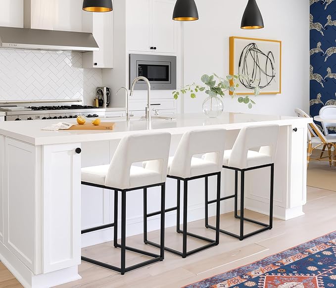 Black and White Counter Height Bar Stools Set of 6 for Kitchen Counter Modern Bar Chairs with Backs for Kitchen Island with Upholstered Fabric Seat and Metal Frame, 26 Inch