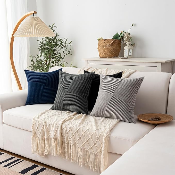 Decorative Throw Pillow Covers 20x20 Inch Set of 4 for Boho Living Room Farmhouse Home Decor, Spring Pillow Covers for Couch Bed, Soft Corduroy Striped Patchwork Cushion Cases, Cool Colors