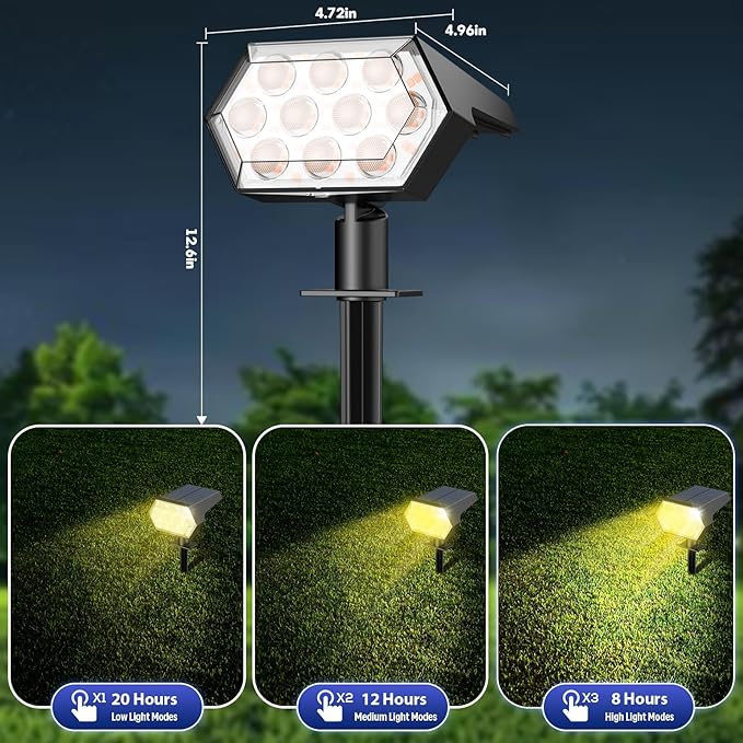 Kaxiida Solar Spot Lights Outdoor Waterproof IP68, 3 Modes & 25% Larger Panel 92 LED Solar Landscape Lights for Yard Pathway Patio Garden Decor (Warm White,4 Pack)