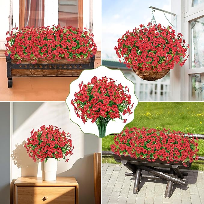 20 Bundles Artificial Flowers for Outdoors Decoration Fake Silk Flowers UV Resistant Faux Plants Artificial Daisy Eucalyptus for Spring Summer Garden Yard Porch Window Home Decor, Red