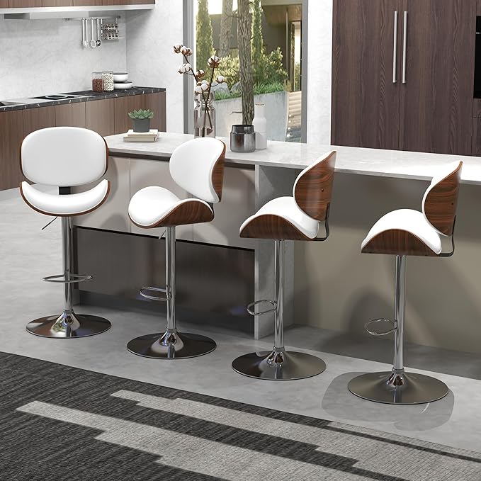 civama White Bar Stools Set of 3 for Kitchen Counter, Adjustable Bar Height Chairs, Modern Swivel Barstools with Bentwood Seat and Back with Footrest for Kitchen Island, Dining Room, White PU Leather