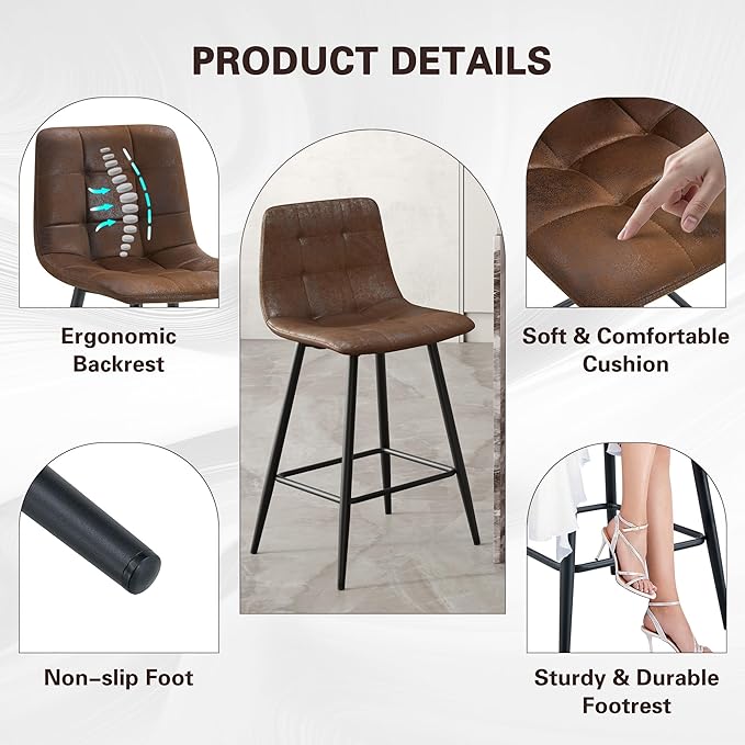 Counter Height Bar Stools Set of 2,Modern Techno-Fabric Barstools, 24.4 inch Seat Height Island Stools,Comfortable Brown Bar Chairs with Metal Legs