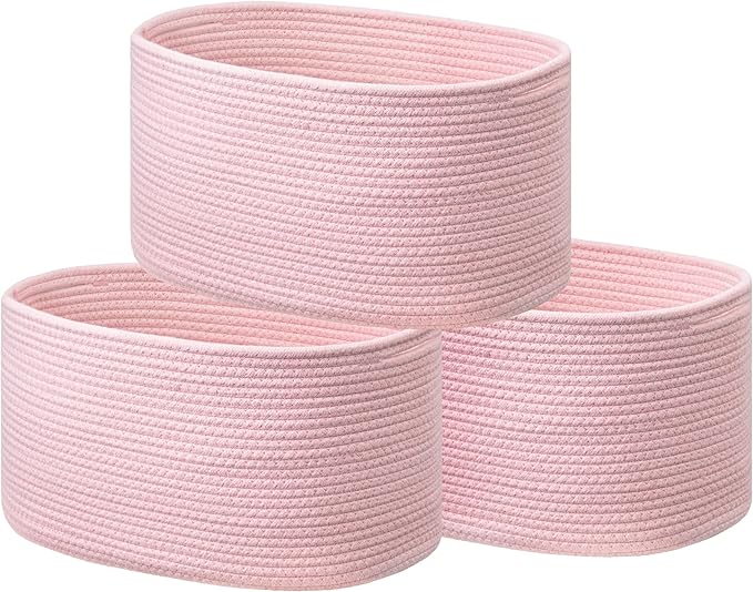 UBBCARE 3-Pack Woven Rope Shelf Baskets - 15x10x9in Decorative Storage Basket for Toys, Kids Playroom, Closet Organization & Cube Storage Organizer | Gift Basket Empty, Pink