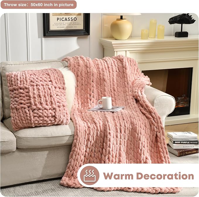 Soft Chunky Knit Blanket, 60X80 in Handmade Thick Chenille Yarn Throw Without Shedding & Raveling, Aesthetic & Cozy Home Decor with Couch Sofa Bed, Gift Pack, Pale Pink