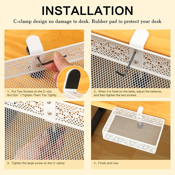 Under Desk Storage Organizer for Reduced Clutter, Drawer organizers C-Clamp Mount System Firmly Clamped And Do Not Hurt The Table, Easy to Install & holds up to 10 lbs-2 Pack (Large and Small)