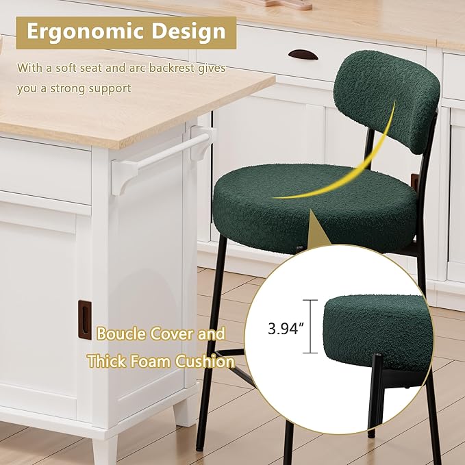 DYHOME Bar Stools Set of 3, Green 27.56 Inches Counter Height Kitchen Island Stools,Boucle Barstools with Back, Mid-Century Modern Bar Chairs for Kitchen Island, Dining Room