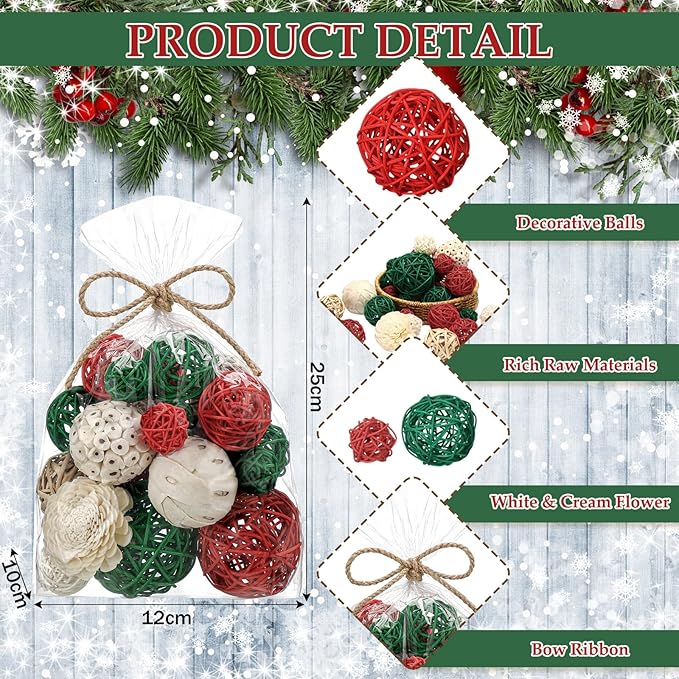 Riceshoot 2 Pack Decorative Balls Potpourri Bowl Filler Decor Natural Vase Bowl Filler Assorted Spherical Rattan Twigs Wicker Balls Cotton for Home Centerpiece(Red, Green, White)