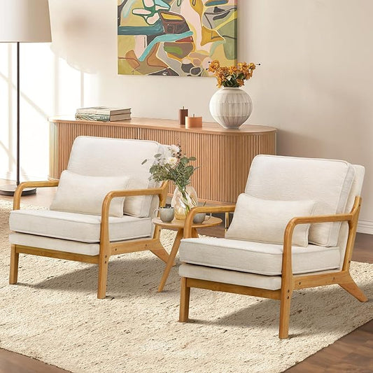 Modern Accent Chair Set of 2 with Lumbar Pillow, Relaxing Mid Century Chair Armchair with Solid Wood Frame & Soft Cushion, Reading Leisure Armchair for Living Room, Beige