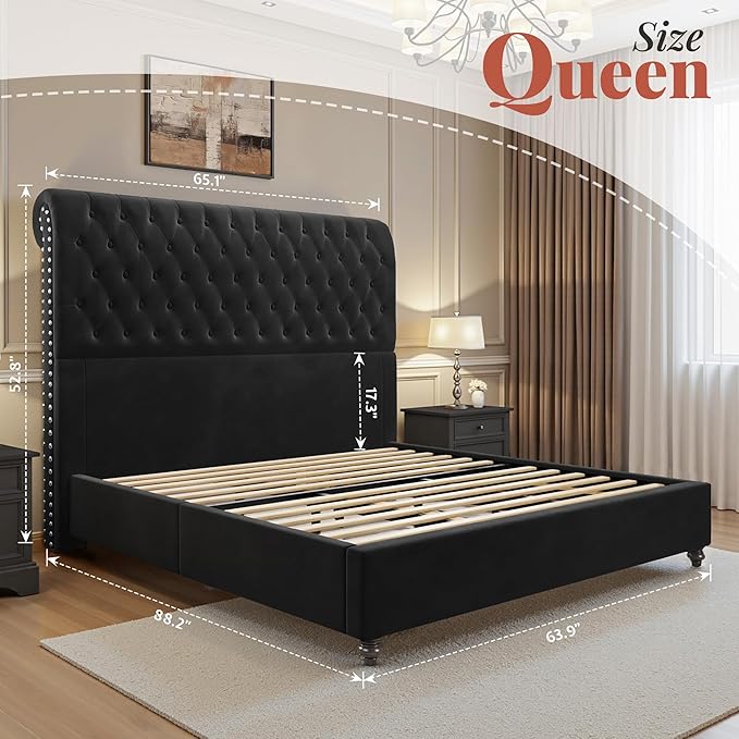 Jocisland Queen Bed Frame with 53" Tall Headboard, Velvet Upholstered Platform Sleigh Bed with Button Tufted, Solid Wood Legs, No Box Spring Needed, Easy Assembly, Black