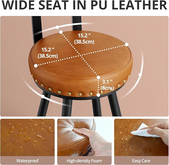 IRONCK Counter Height Bar Stools Set of 2, 30" Swivel Barstools with Backs, Hand-Riveted Design, Wide Seat, PU Leather Upholstered, Armless Bar Chairs for Kitchen Island, Brown