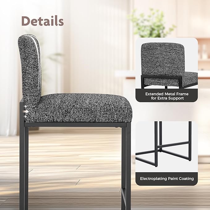 ALPHA HOME 24" Bar Stools Set of 4 Kitchen Counter Stools with Back, Counter Height Stools with Upholstered Footrest for Kitchen Island, Metal Steel Frame, Chenille, Black