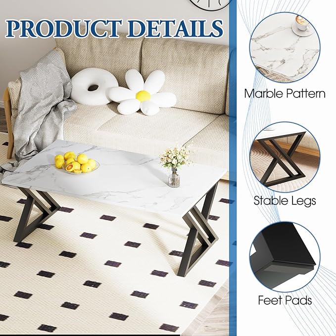 Coffee Table White Living Room Center Table, Simple Modern Faux Marble Rectangular Tea Table with Sturdy Black Metal Frame,Industrial Wooden Coffee Table for Bedroom Home Office
