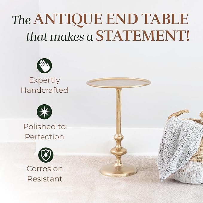 OBJET D'ART Small Round Gold End Tables, Rachel Minore, 22'' Height, Vintage Metal Accent, Side, Pedestal, Coctail and Drink Tables for Living Room and Small Spaces