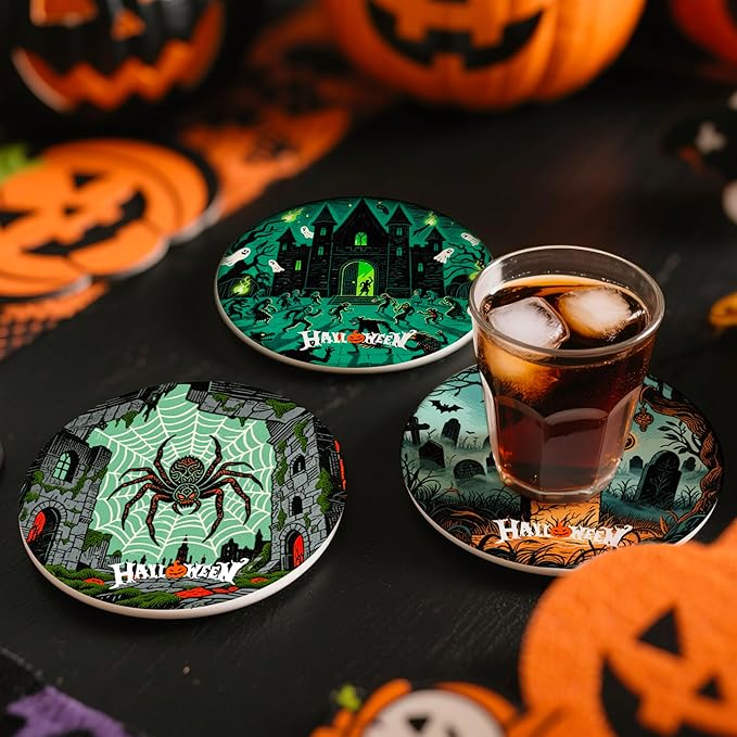 Ultimate Horror Halloween Coasters Set of 6 with Holder - Matte Ceramic Drink & Wall Art Decor, Spooky Home Office Party Gift | Skull Spider Ghost Decorations