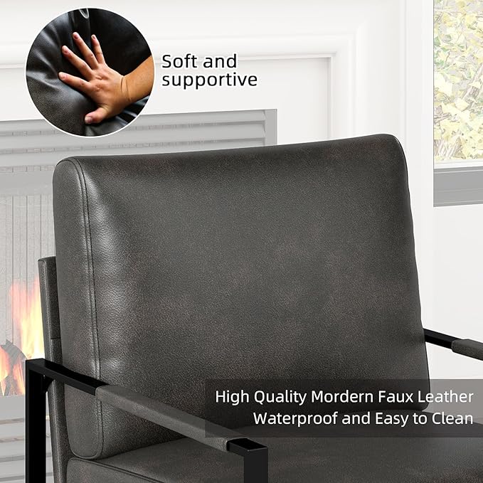 Phoenix Home Mid Century Modern Faux Leather Accent Chair, Metal Framed Armchair with Extra Soft Removable Seat Cushion & Backrest for Living Room Bedroom Waiting Room, Easy to Clean, Gray