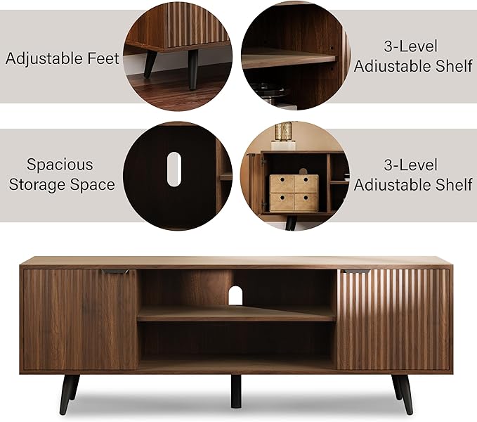 Modern TV Stand with Storage Cabinet, Wood Fashionable TV Cabinet with Waveform Panel and Adjustable Shelf, Entertainment Center TV Stand for TV, Living Room (Dark Walnut Wood)