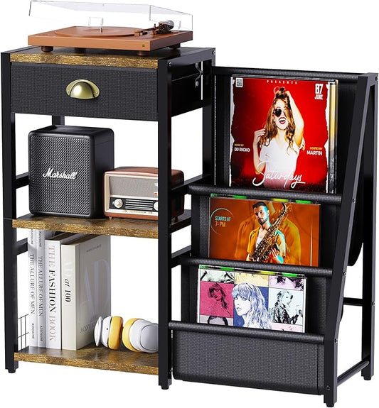 End Table with Vinyl Record Storage,Record Player Stand,3 Tier Turntable Stand with Records Holder,Stand Table for Media Stereo Speaker,Amplifiers,Magazines-Vintage