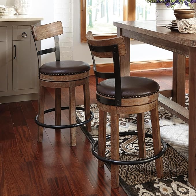 Signature Design by Ashley Pinnadel 24.25" Modern Farmhouse Swivel Counter Height Barstool, Light Brown