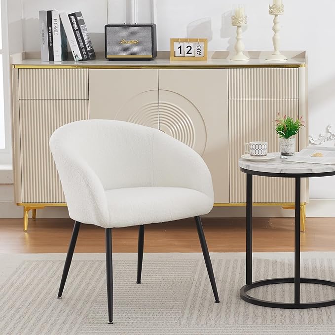 Modern Small Accent Chair Set of 2, Comfy Sherpa Makeup Vanity Chair with Metal Legs, Decorative Chair no Wheels for Living Room, Dressing Room, Bedroom, White