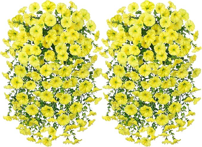 2 PCS Artificial Fall Faux Hanging Flowers Plants for Outdoor Decor,Fake Silk Morning Glory with Eucalyptus UV Resistant Realistic Mums Trailing Vines for Wall Home Porch Patio Balcony Yard,Yellow