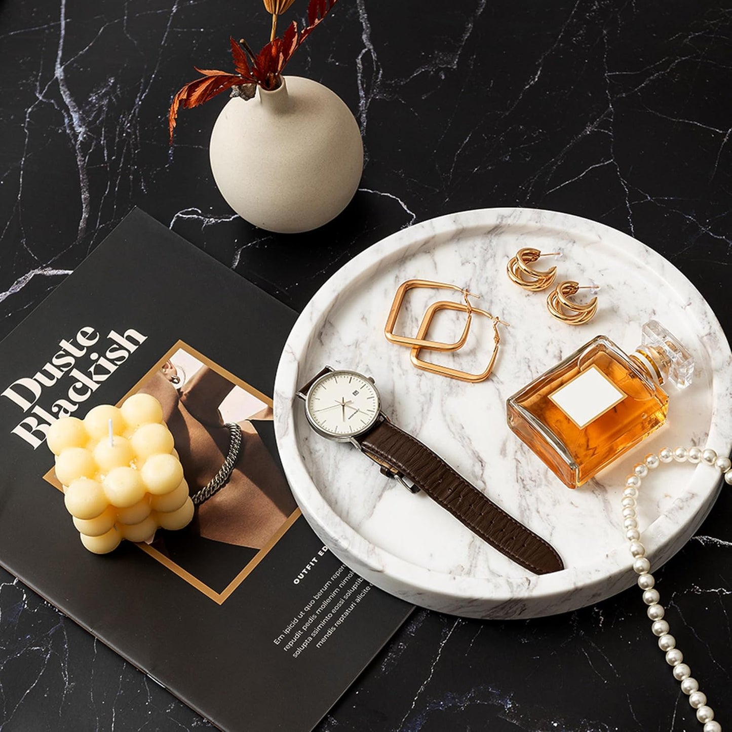 WORHE Natural Marble Decorative Tray for Bathroom Bedroom Kitchen Dresser, Round Vanity Trays for Jewelry, Perfume, Cosmetic, Candle, Countertop Storage Organizer for Home Decor Color White (TP601)