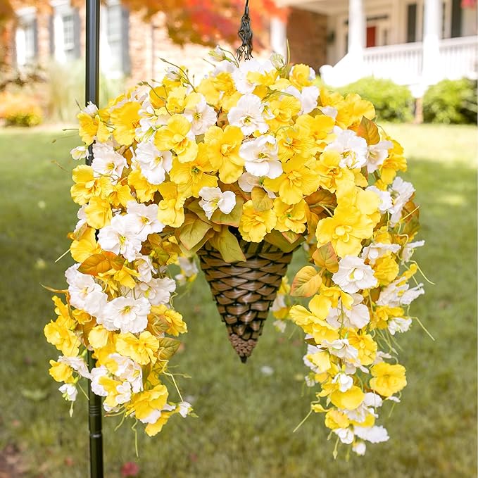 Artificial Fake Fall Hanging Flowers Plants Baskets for Outdoor Decoration, 5Pcs Faux Silk Hibiscus Long Vines in Planter UV Resistant Realistic Flower for Outside Home Porch Patio Garden