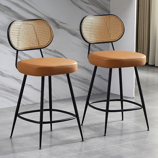 26" Rattan Barstools Set of 2, Counter Height Bar Chair with Black Metal Legs, Modern Armless PU Leather Pub Chair,Adjustable Feetpads Stools for Home Counter,Kitchen Dining Island,Cafe(WBR)