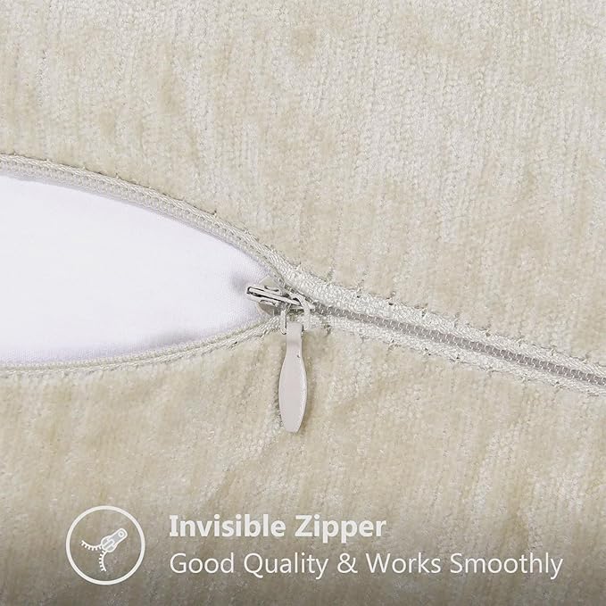 decorUhome Chenille Soft Throw Pillow Covers 22x22 Set of 2, Farmhouse Velvet Neutral Decorative Euro Pillow Covers with Stitched Edge for Couch Sofa Bed Home Decor, Beige