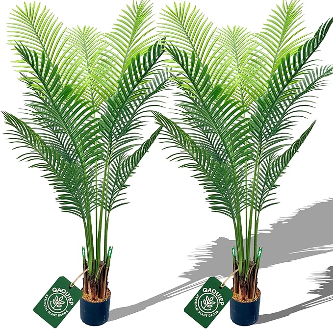6ft Tall Artificial Areca Palm Trees – Set of 2 | 19-Trunk Real Touch Fake Palm with Natural Moss & Pot | Lifelike Faux Plants for Home, Office, or Patio Indoor/Outdoor Decor