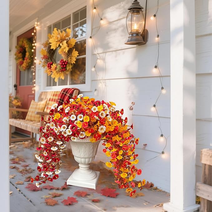 8PCS Artificial Fall Hanging Flowers for Outdoor, Fake Silk Petunias Plants, Fake Mums, Fall Outdoor Decoration, UV Resistant, Morning Glorias, for Home Garden Porch Decor (Deep Autumn)