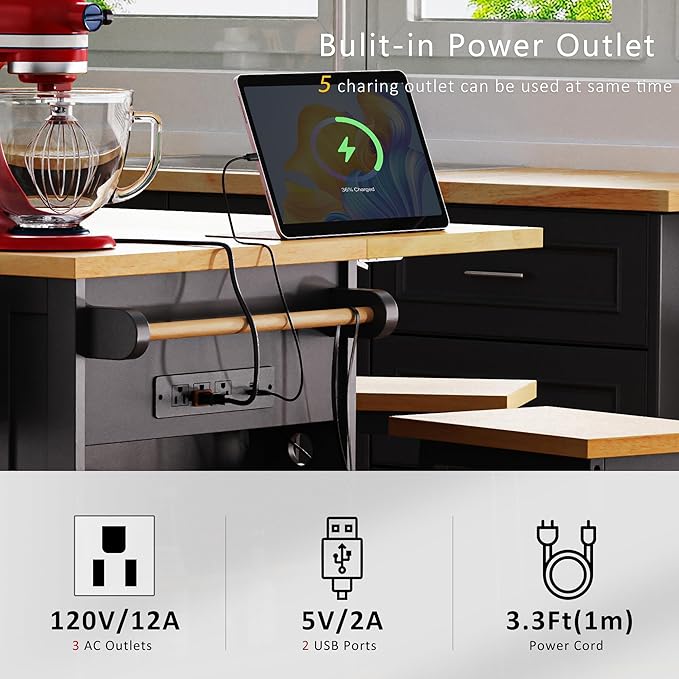 Merax 53" Upgraded Kitchen Cart Island with 2 Bar Stools on Wheels with Power Outlet,Drop Leaf,3 Drawers and 5 Open Side Racks,Wood Frame Storage Cabinet
