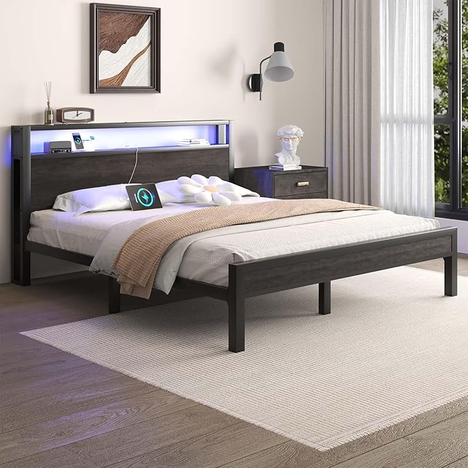 Full Size Bed Frame with Storage Headboard, Industrial Platform Bed with Charging Station and LED Lights, Heavy Duty Metal Slats, No Box Spring Need, Noise Free, Grey