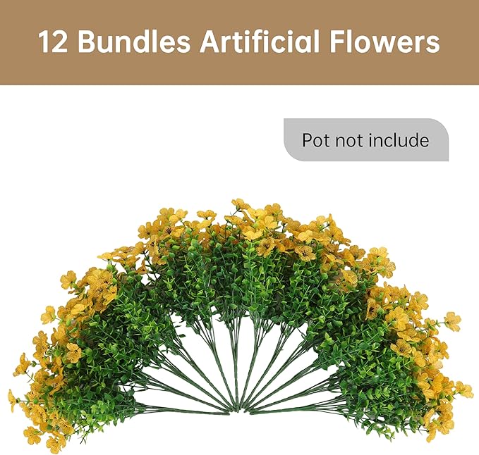 12 Bundles Artificial Flowers Plants for Outdoor Indoor Summer Home Decor, Faux Flower Daisy with Eucalyptus Leaves Fake Plants, UV Resistant Artificial Flowers for Garden Porch Patio Decor Yellow