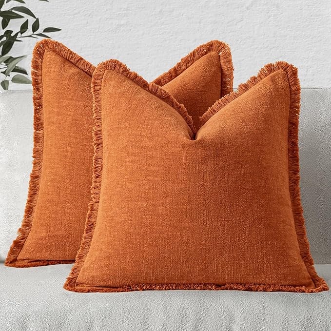 MIULEE Decorative Throw Pillow Covers Neutral Linen Fringe Throw Pillows Euro Shams Set of 2 Orange Boho Farmhouse Cushion Covers for Couch Sofa Bed Living Room Spring Home Decor 22x22 Inch