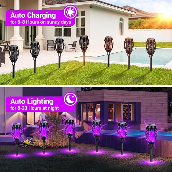 Solar Lights Outdoor Halloween Decorations, Upgraded 16 Pack Purple Solar Torch Lights with Flickering Flame, Waterproof Halloween Lights Outdoor, Tiki Torches for Outside Patio Pathway Decor