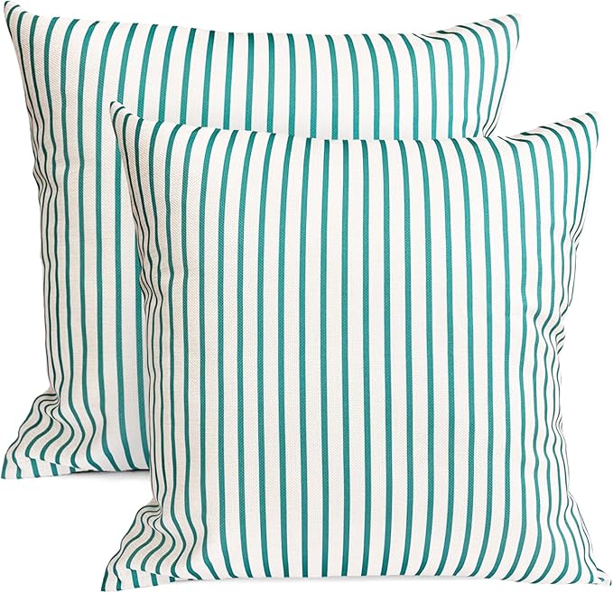 Decorative Throw Pillow Covers Set of 2 Teal Blue Striped Pillow Covers 18x18 Inch Throw Pillow Cover Linen Pillowcase Modern Farmhouse Outdoor Pillow Covers for Couch Sofa Bed Living Room