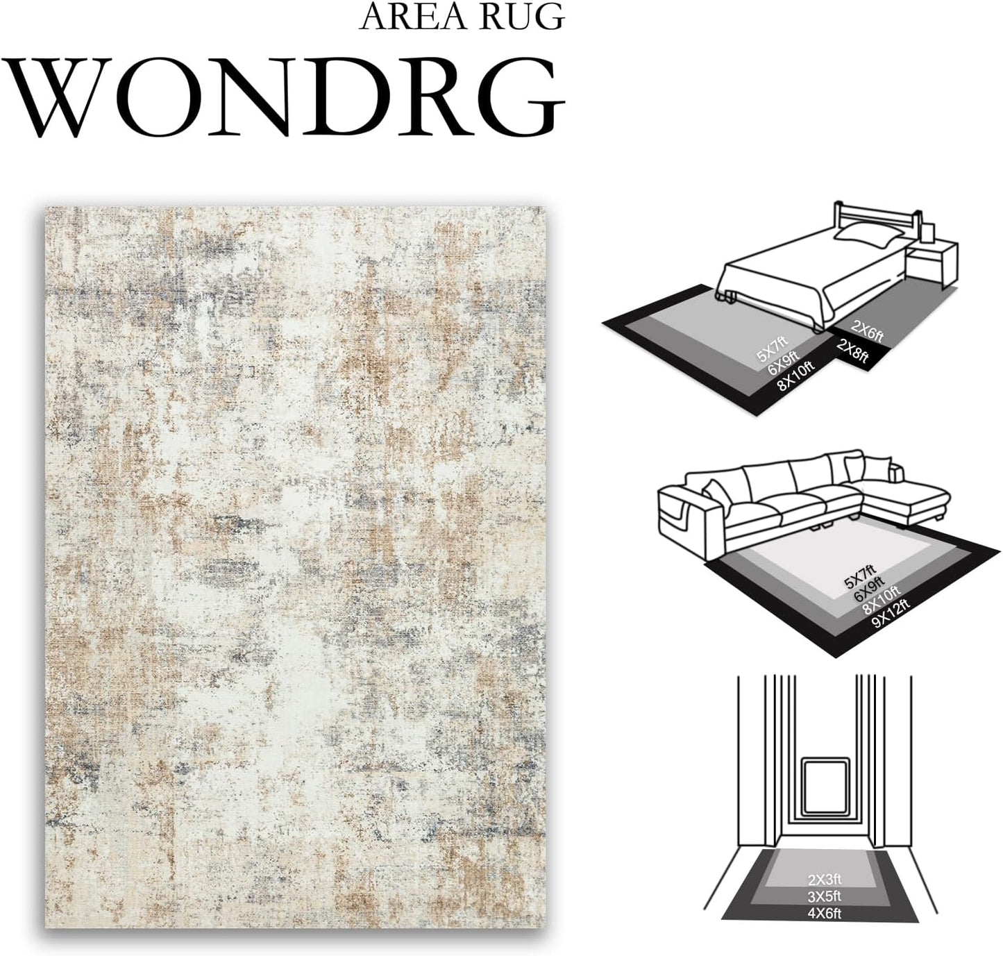 10x14 Washable Area Rug Gold Grey Neutral Abstract Living Room Bedroom Large Throw Rug Non Slip Soft Low Pile Indoor Floor Carpet for Dining Room Kitchen Office Entryway