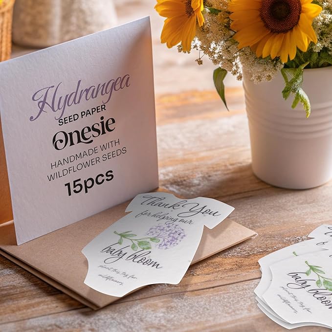 Plantable Onesie Seed Paper – 15 Hydrangea Baby Shower Favors for Guests with Wildflower Seeds, Baby Shower Gifts for Guest