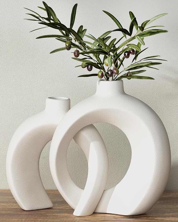 7.2″Hx8.9″H Donut Shape Decorative Vase Set of 2, Ceramic, Modern Minimalism Styles, Flowers or Plant Table Vases for Home Decor Living Room Shelf Entry Console Mantle Dining Centerpiece (Matte White)