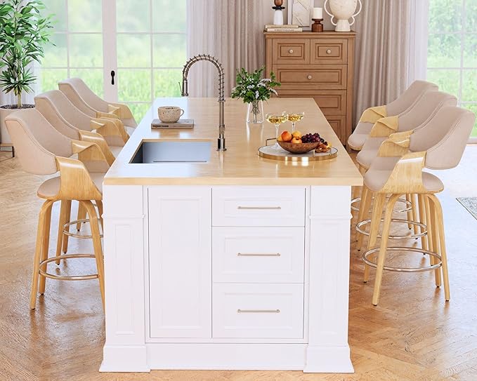 26’’ Modern Barrel Swivel Counter Stools Counter Height Swivel Bar Stools with Backs Set of 6, Beige Chenille Upholstered Bar Height Island Chairs, Farmhouse Solid Wood Barstools for Kitchen Island