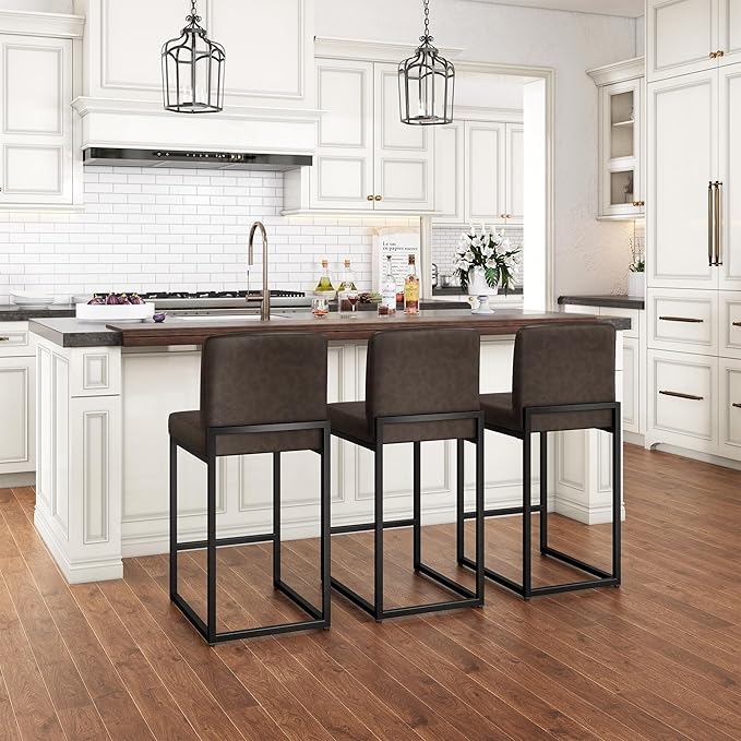 PHI VILLA Bar Stools Set of 3 - Counter Height Bar Stool Leather Stools for Kitchen Counter, Grey Bar Stools with Back