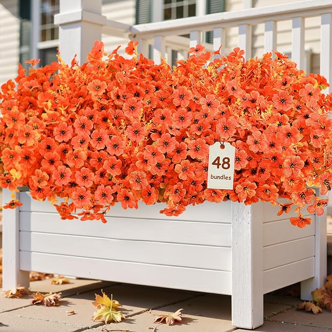 SHareconn 48 Bundles Artificial Fall Flowers for Outdoors Decoration,UV Resistant Silk Eucalyptus Lavender Faux Autumn Fake Plants for Outside Indoor Garden Yard Porch Home Decor,SunsetRedAutumnColour