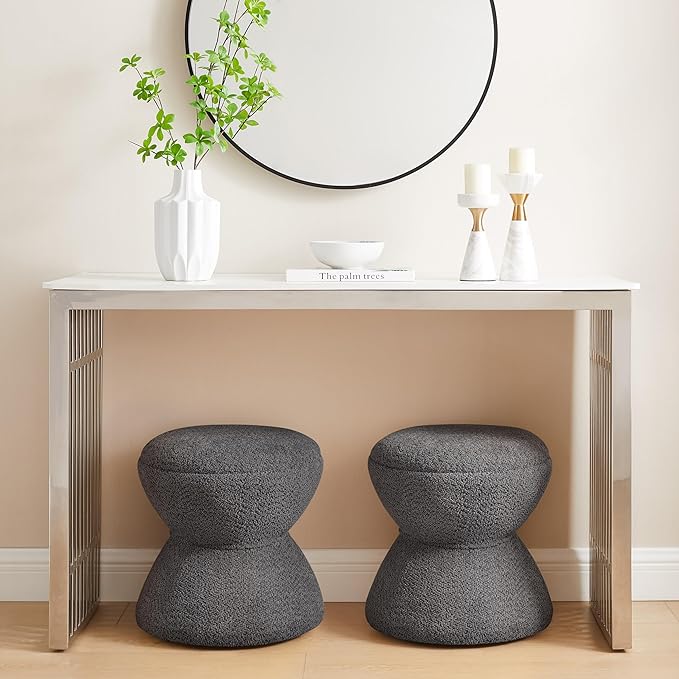 VANOMi Multi-Functional Boucle Ottoman, Vanity Stool Chair, Sturdy Wooden Footstool, Suitable for Living Room, Bedroom, and Entryway, Without Installation, Dark Grey