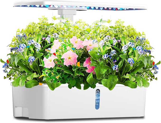 Hydroponics Growing System Kit 12 Pods, Hydroponic Herb Garden Kit Indoor with 24W LED Grow Light, Smart Indoor Garden, Height Adjustable, Auto Timer, Quiet Pump, Gardening Gifts for Mom Women, White