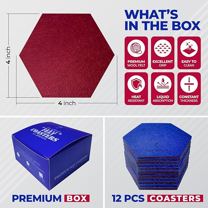 A&A Wonders Premium Felt Coasters for Drink, Two-Tone Reversible, Absorbent Felt Protects Furniture, Table, Anti Slip, Suitable for Drinks & All Table Types (Wine Red/Royal Blue, Hexagon 12 Pack)