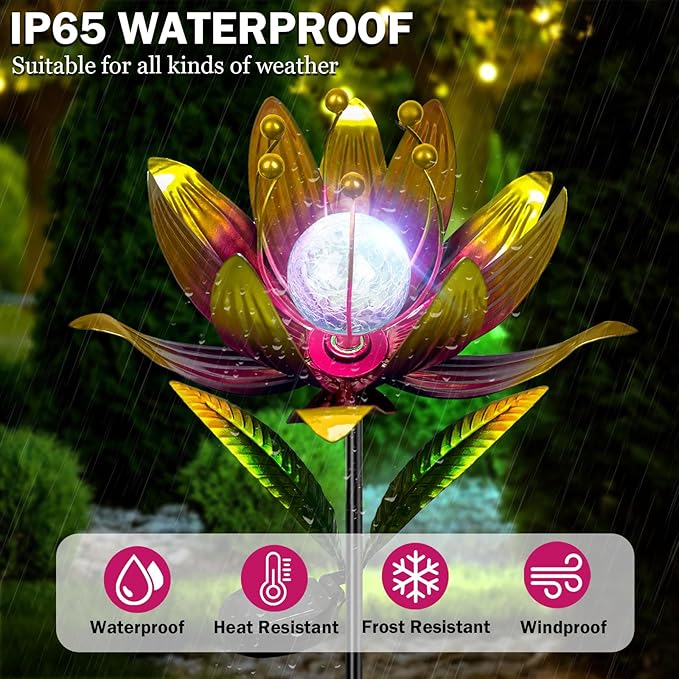 Wind Spinners Outdoor, 38 Inch Metal Wind Spinner Yard Art with Stake, Colorful Solar Windmill for Yard and Garden Lawn Patio Farmhouse Decor (Rose Red)