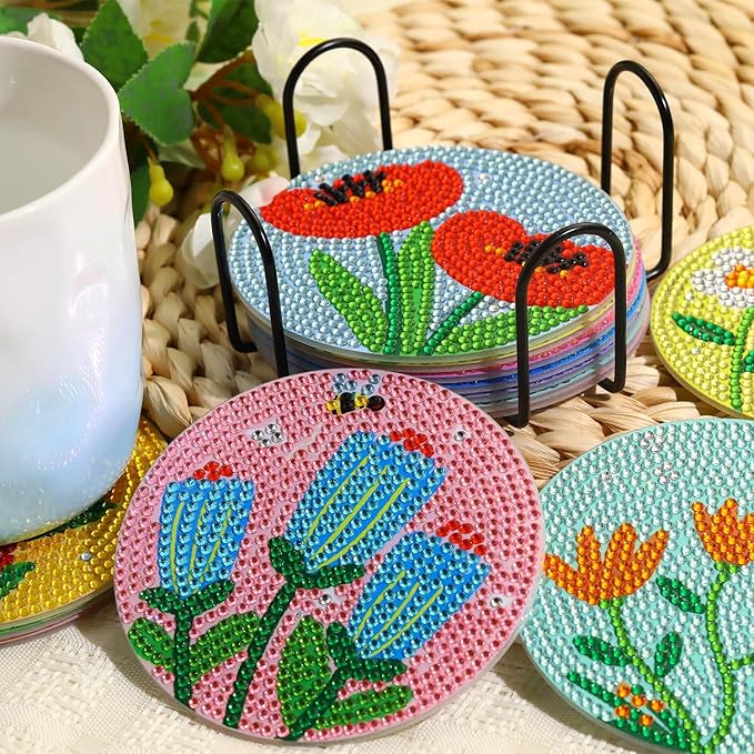 8 PCS Simple Floral Diamond Art Coasters Kits, Diamond Painting Coasters with Holder Set of 8, DIY Drink Coasters Art Crafts Supplies for Adults Cup Mat for Home Decor House Warming Gifts 3.9inch